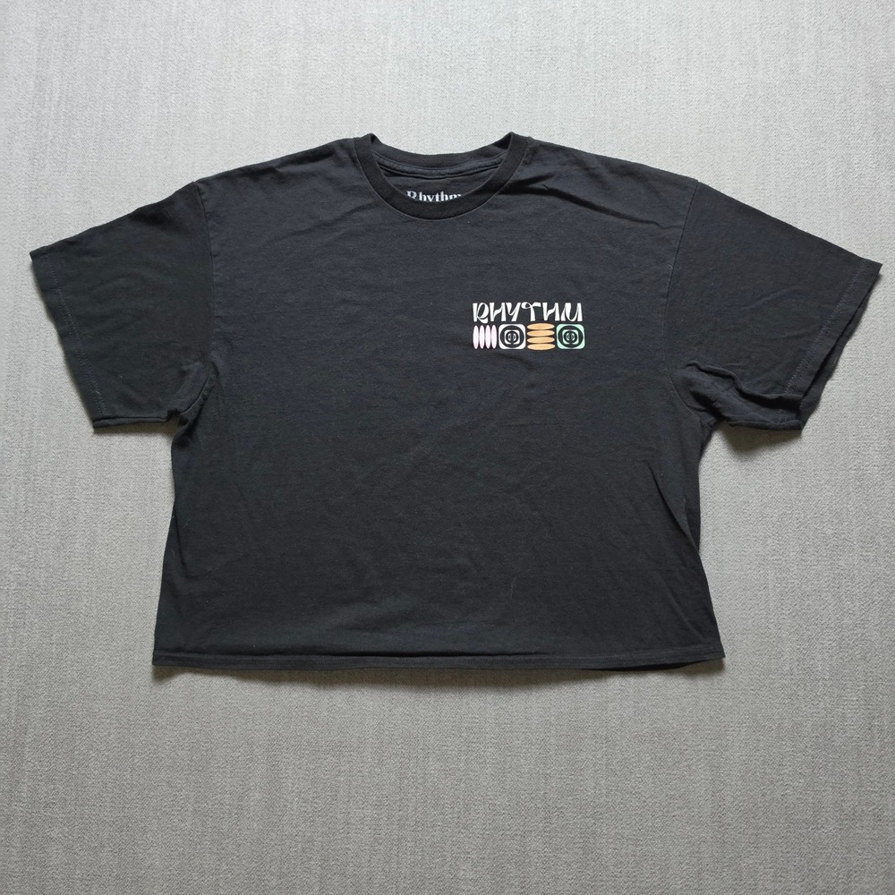 Rhythm Crop Graphic T-Shirt Women Large Black Cotton Boxy Tee